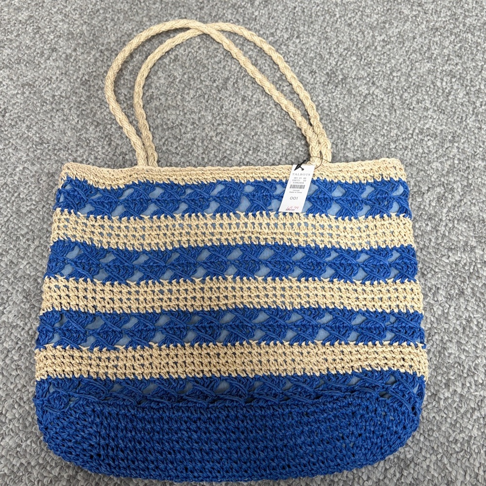 Talbots blue and natural striped beach / tote bag with light blue interior
